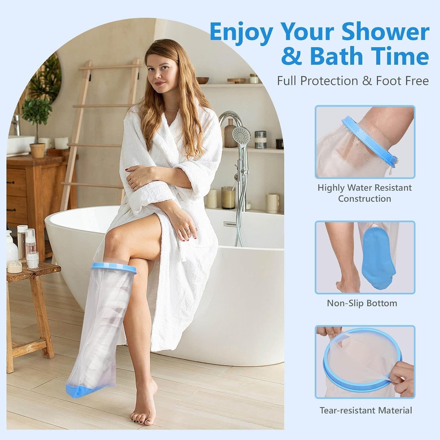 100% Waterproof Leg Cast Cover for Shower with Non-Slip Bottom Reusable Shower