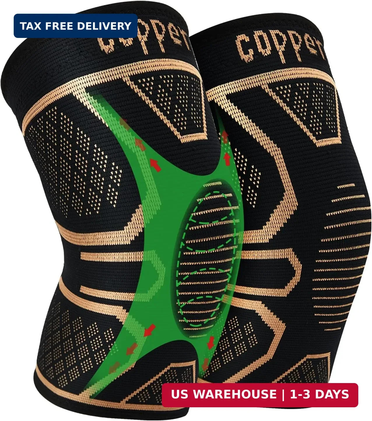 Copper Knee Braces for Knee Pain 2 pack, Knee Compression Sleeve Support for Men