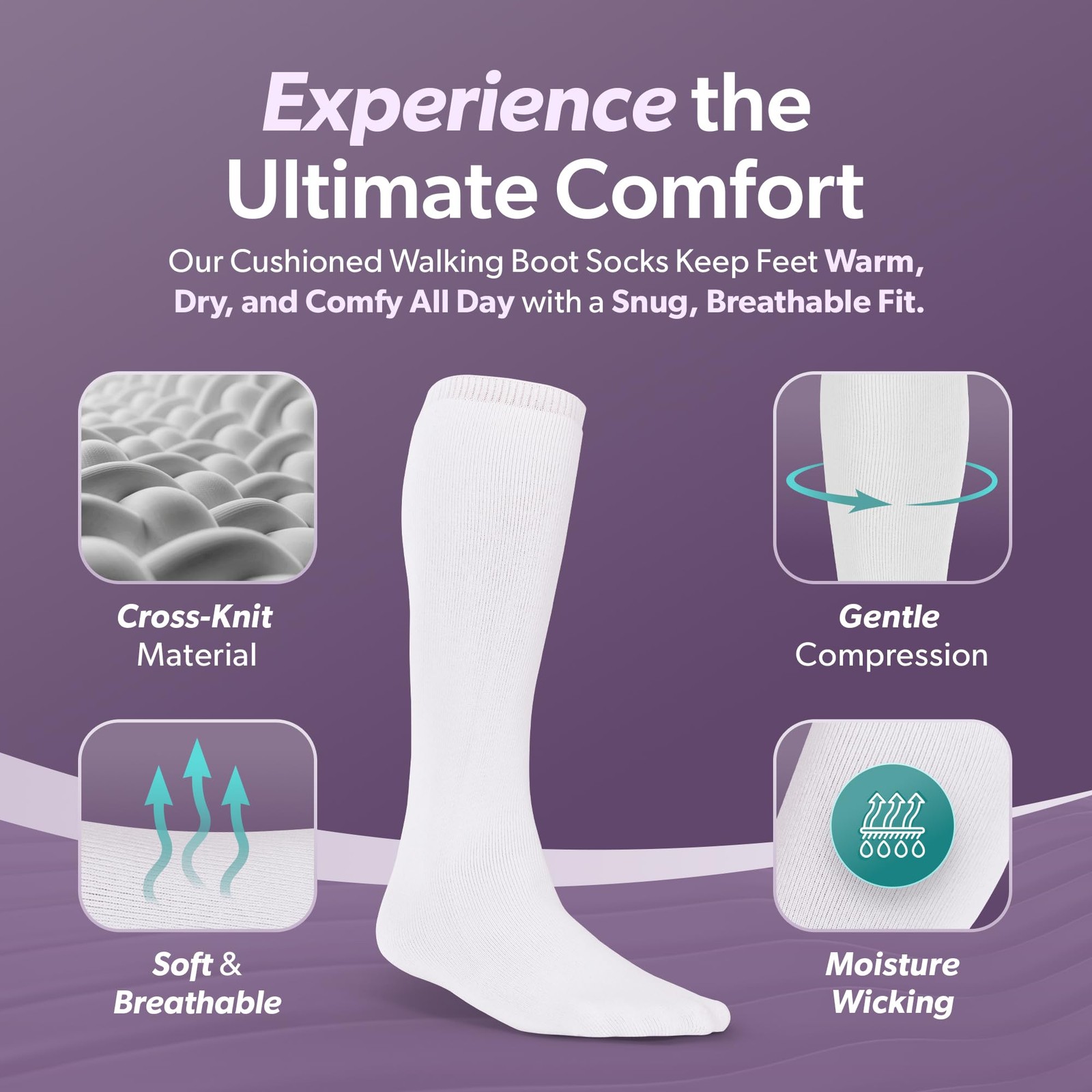 BraceAbility Walking Boot Sock Liners – (1 Universal – Tall – 1 Pair, White