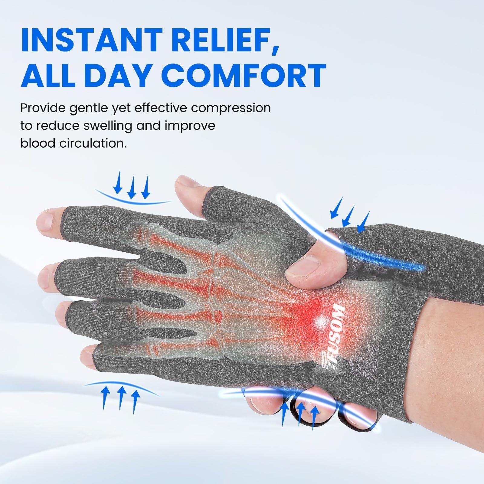 Arthritis Compression Gloves Fingerless, Pain Relief, Anti-Slip, Light Gray, M