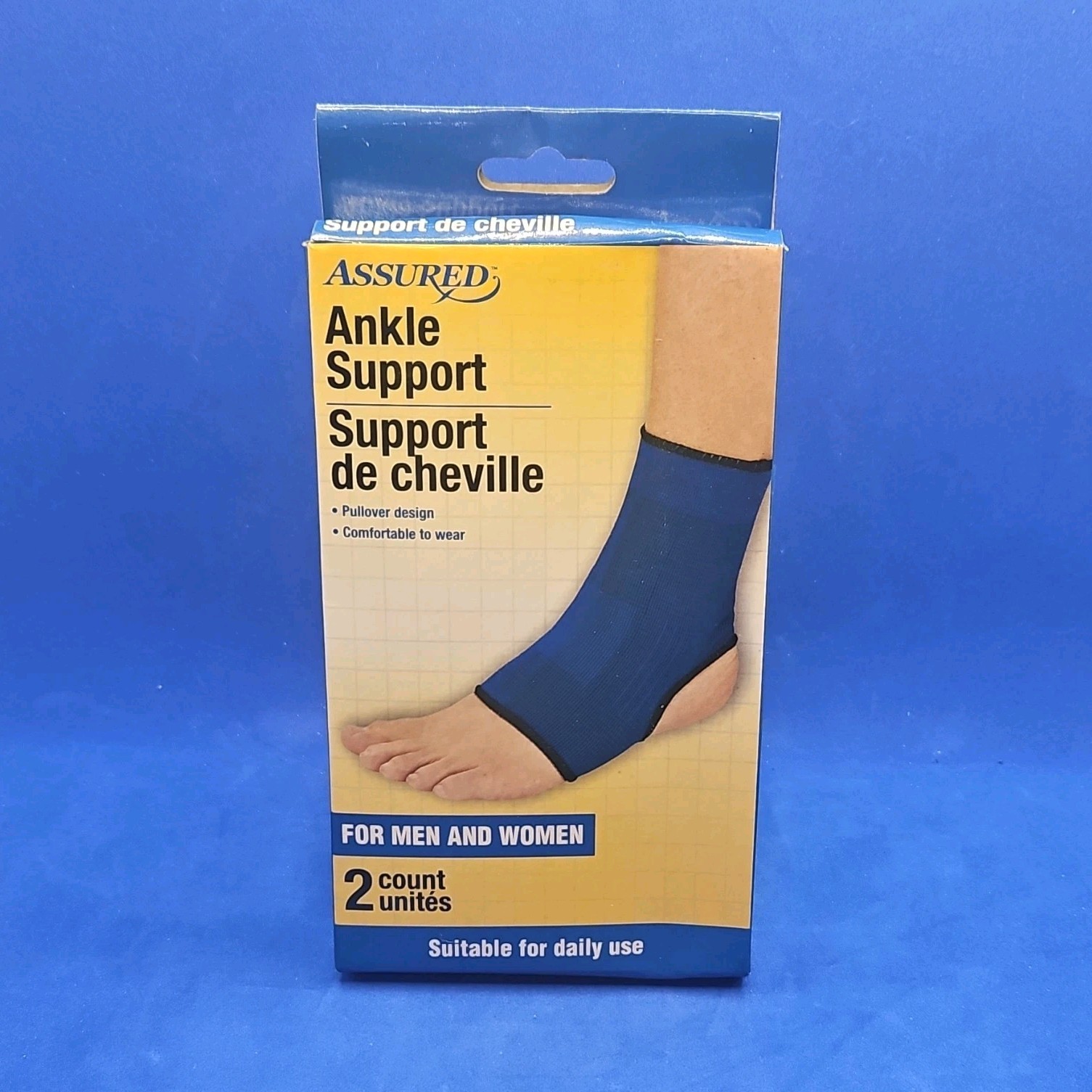Assured Ankle Support Brace Sleeve, Blue, One Size, 2 Count for Men & Women