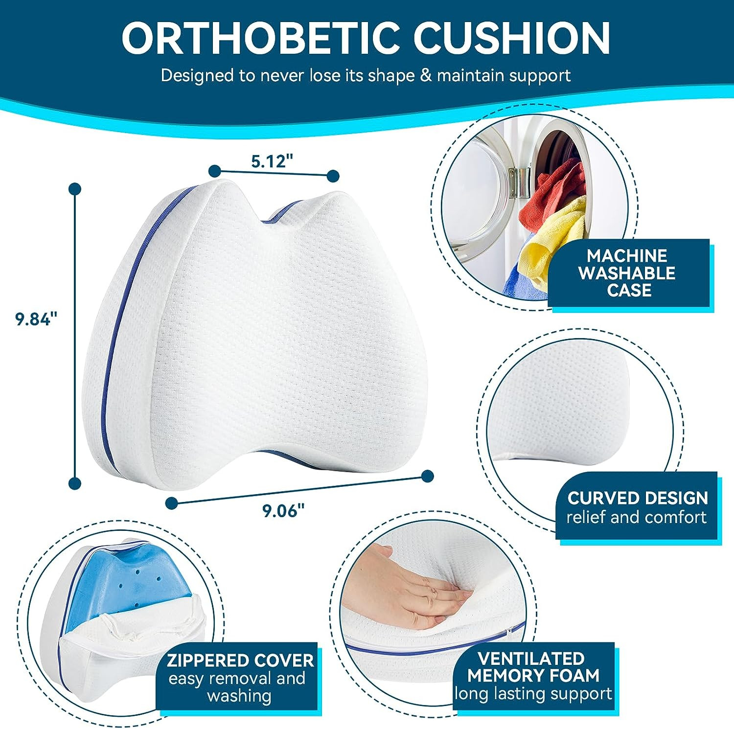 Memory Foam Knee Pillow for Side Sleepers Leg Support Back Hip Pain Relief Washa