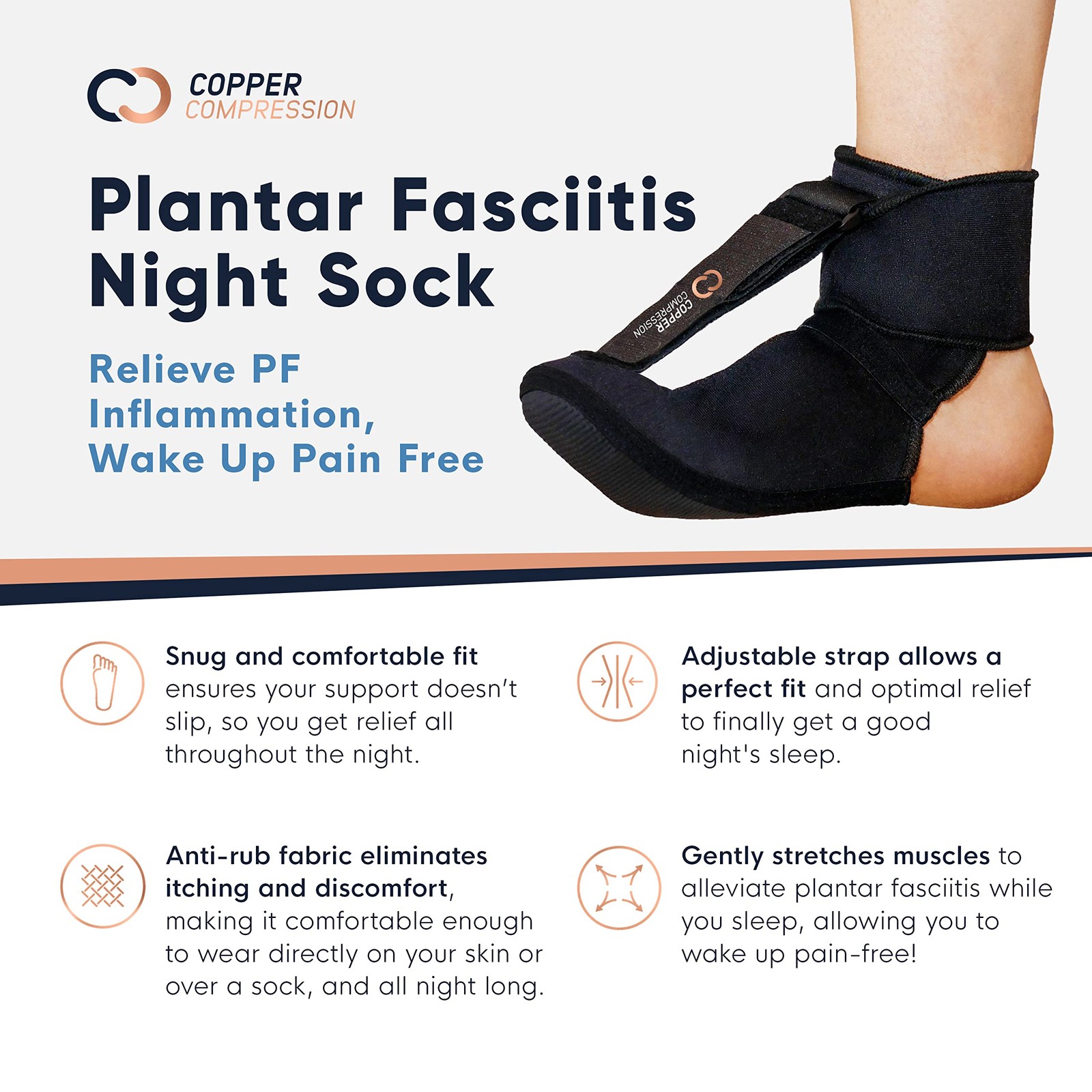 Copper Compression Plantar Fasciitis Night Sock. Small (Pack of 1), Black