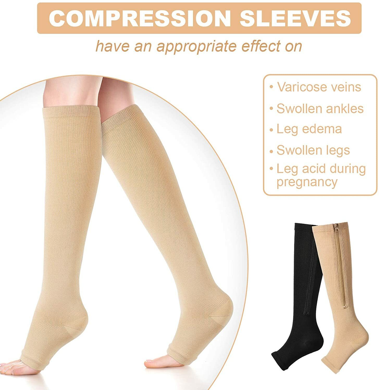 1/3PK Zippered Compression Socks Open Toe 30-40mmHg with Zipper Safe Protection