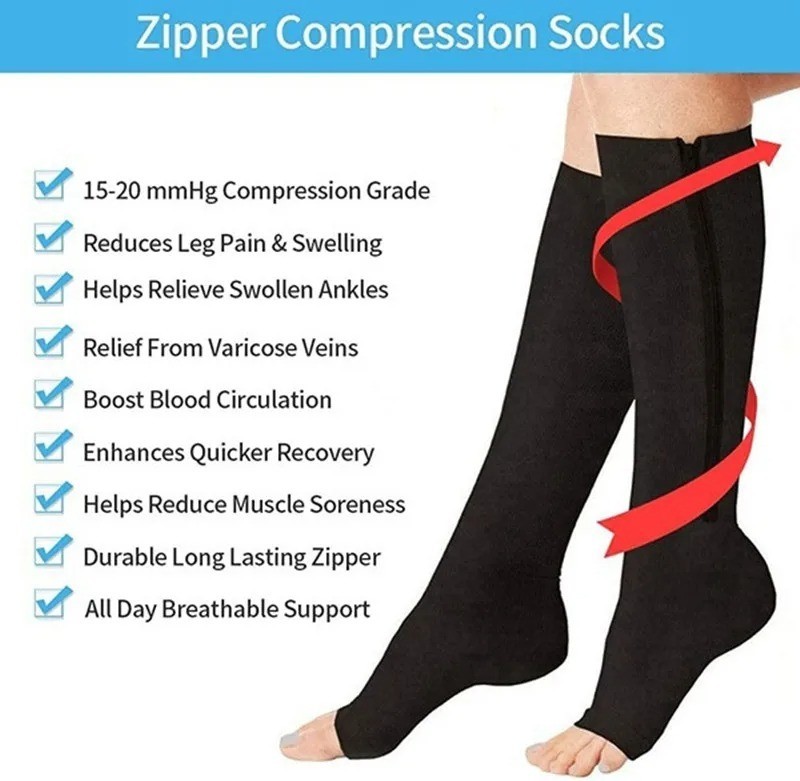 Zipper Open Toe Compression Socks 20-30mmHg Calf Leg Ankle Support Stocking USA