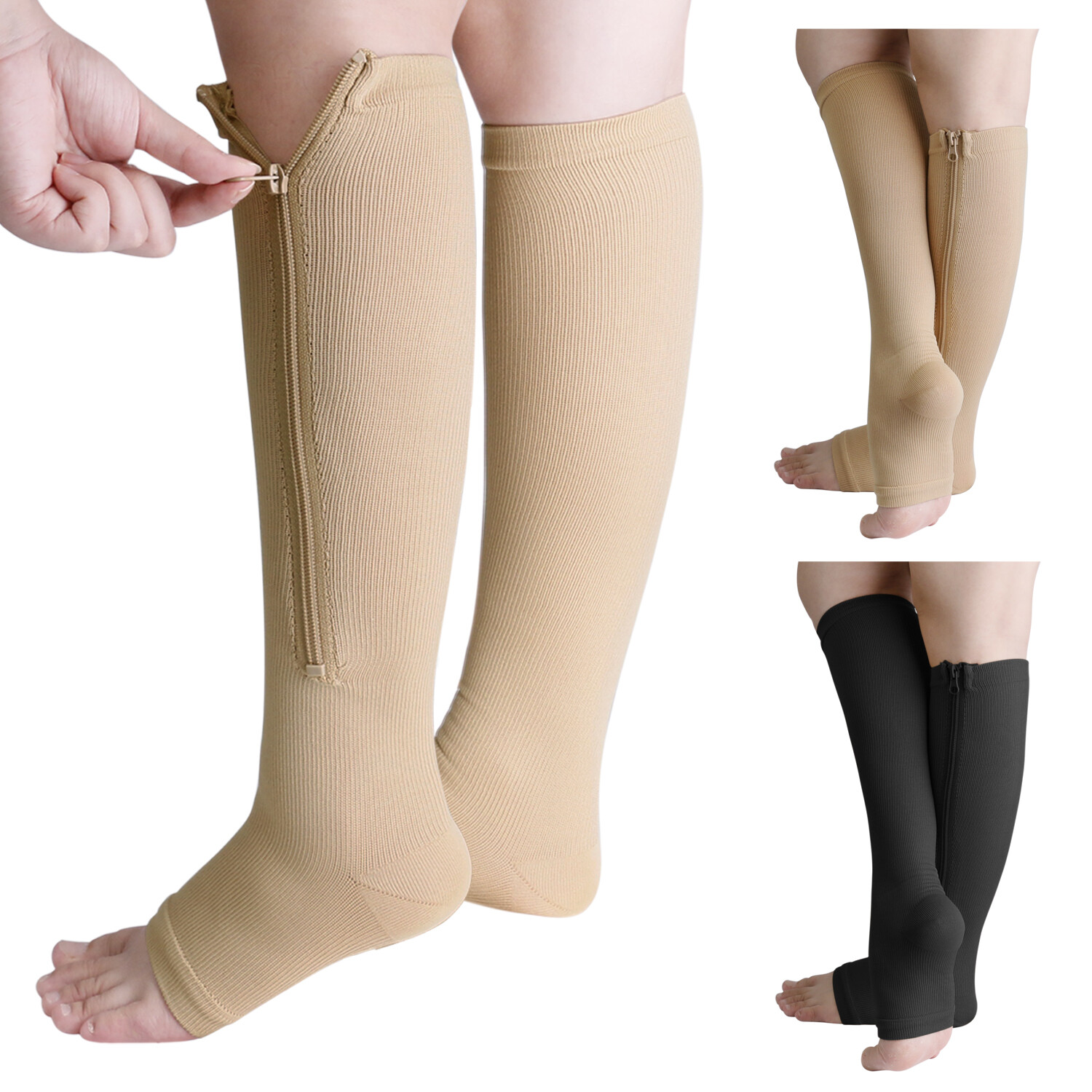 1-5 Pair Zippered Open Toe Compression Socks 20-30mmHg Calf Leg Support Stocking