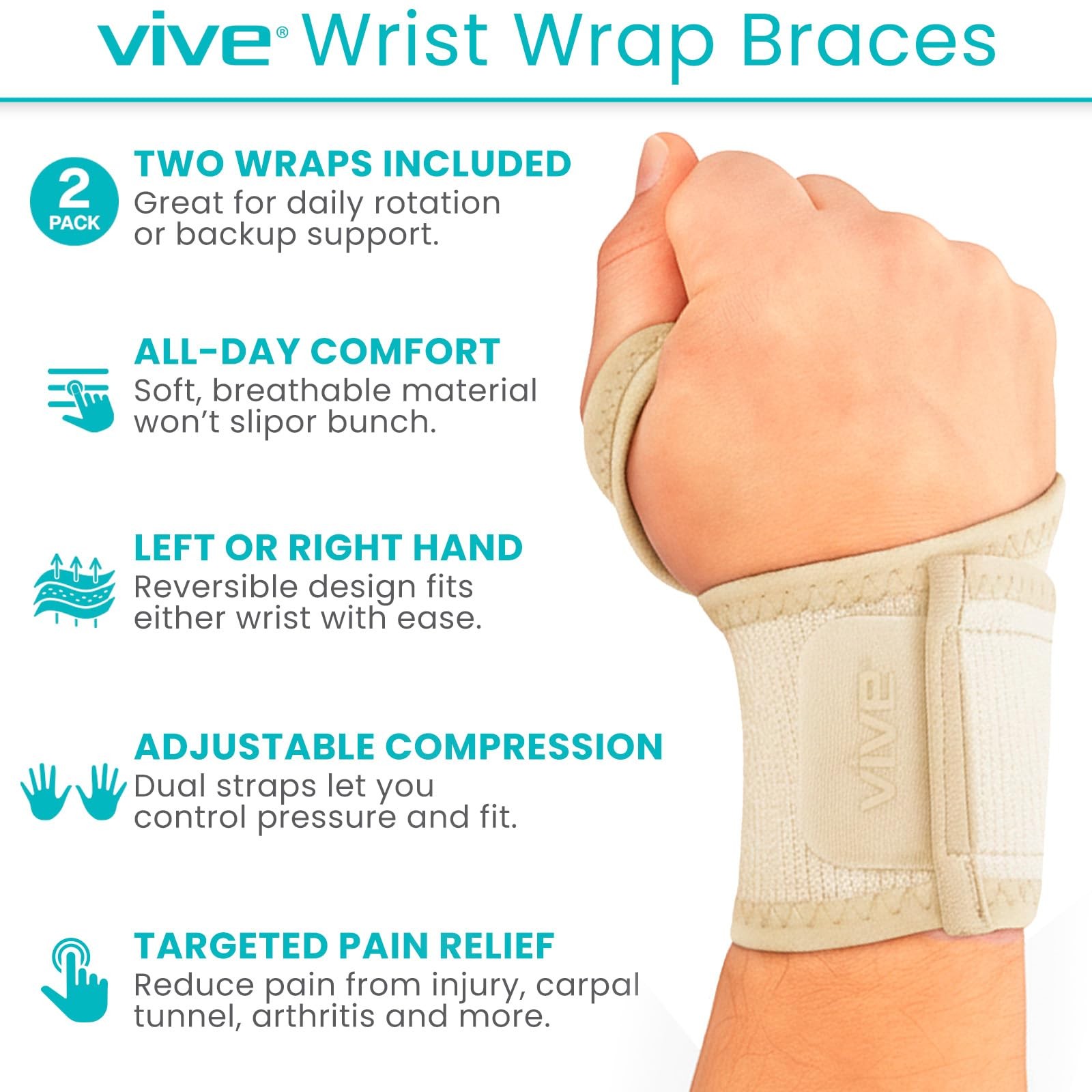 Vive Wrist Wrap Braces (2 Pack) – Tendonitis Support for One Size, Beige