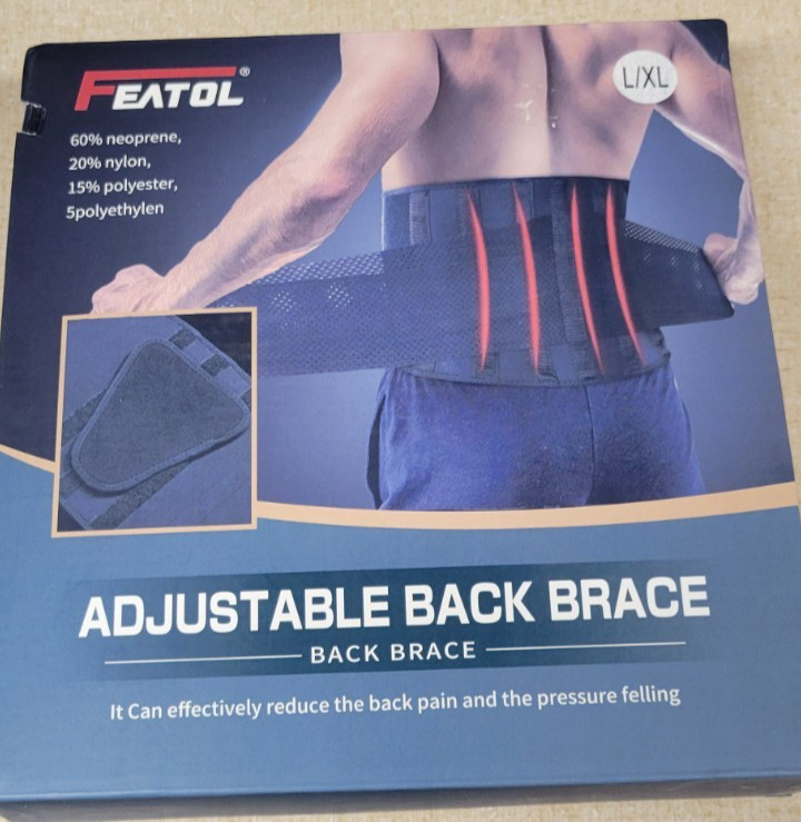 FEATOL Adjustable Back Brace w/ Removable Pad L/XL Black for Back & Waist