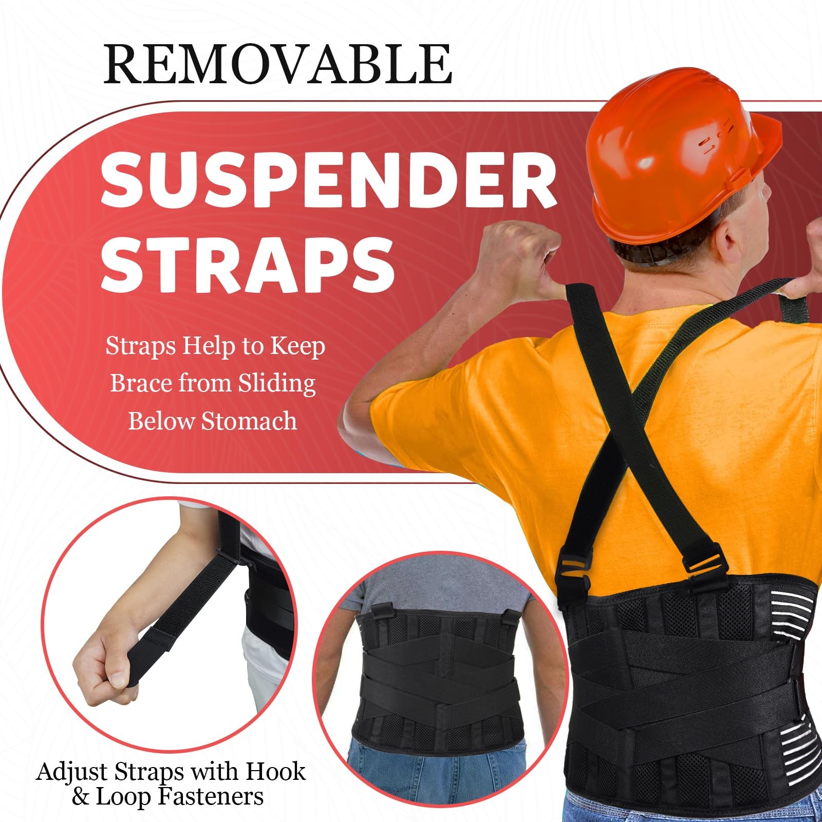 Plus Size 2XL/3XL Work Back Brace with 2 Removable Suspender Straps, Back Pos…