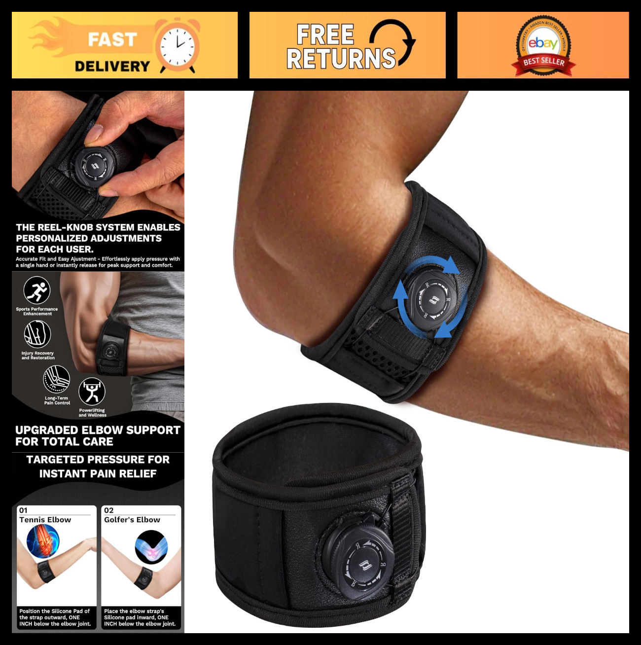 Adjustable Tennis Elbow Brace for Tendonitis & Golfer’s Elbow Relief – One Size