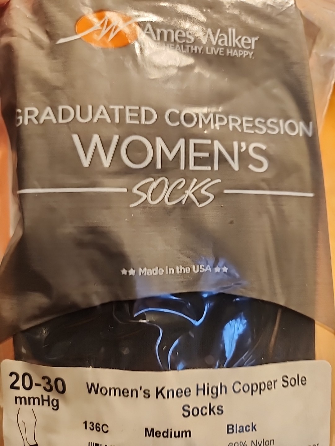 Ames Walker Graduated Compression Womens Socks 20-30 mmHg Medium Black Knee Hi