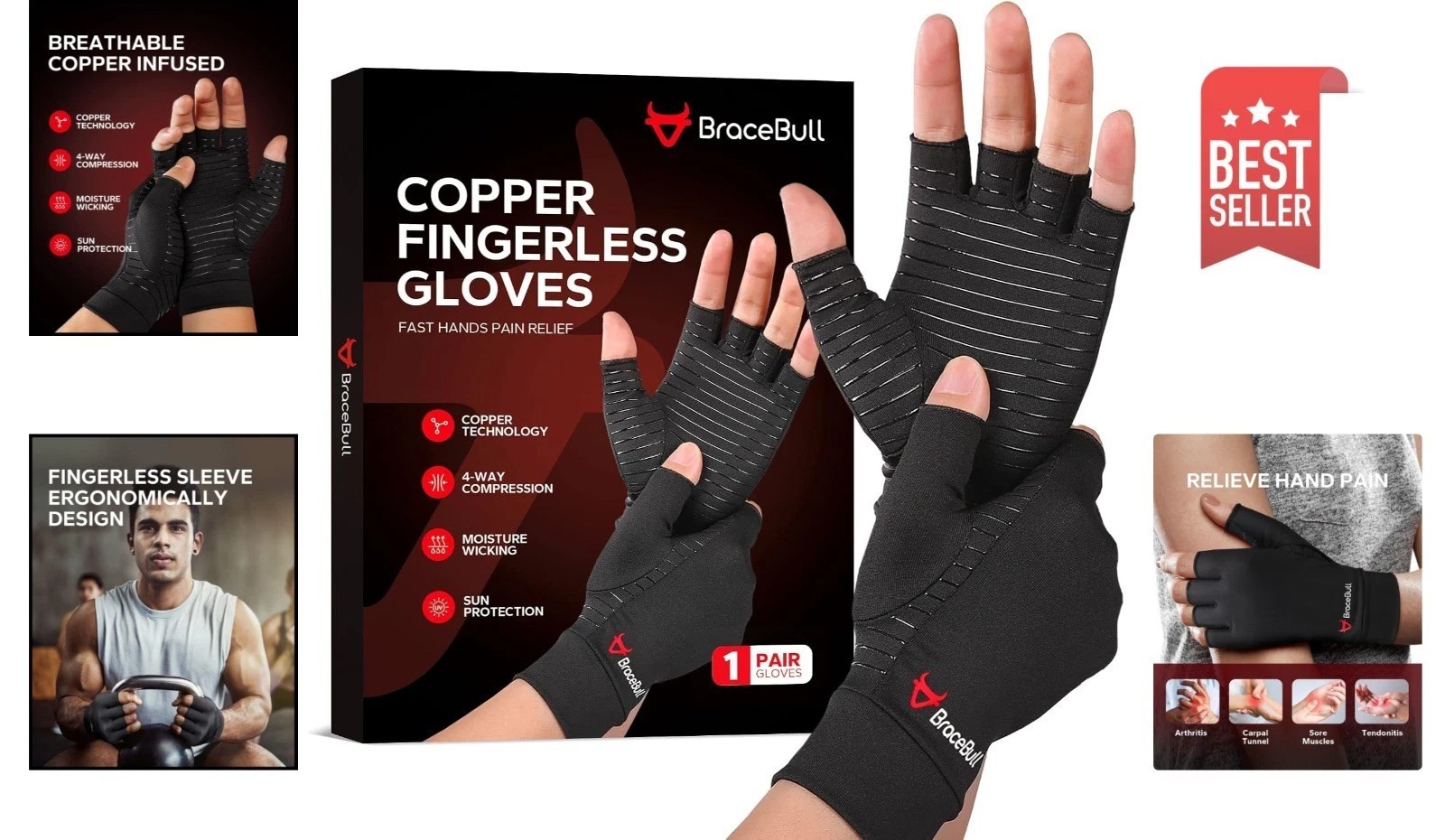 Copper Infused Fingerless Compression Glove, Arthritis Pain Relief