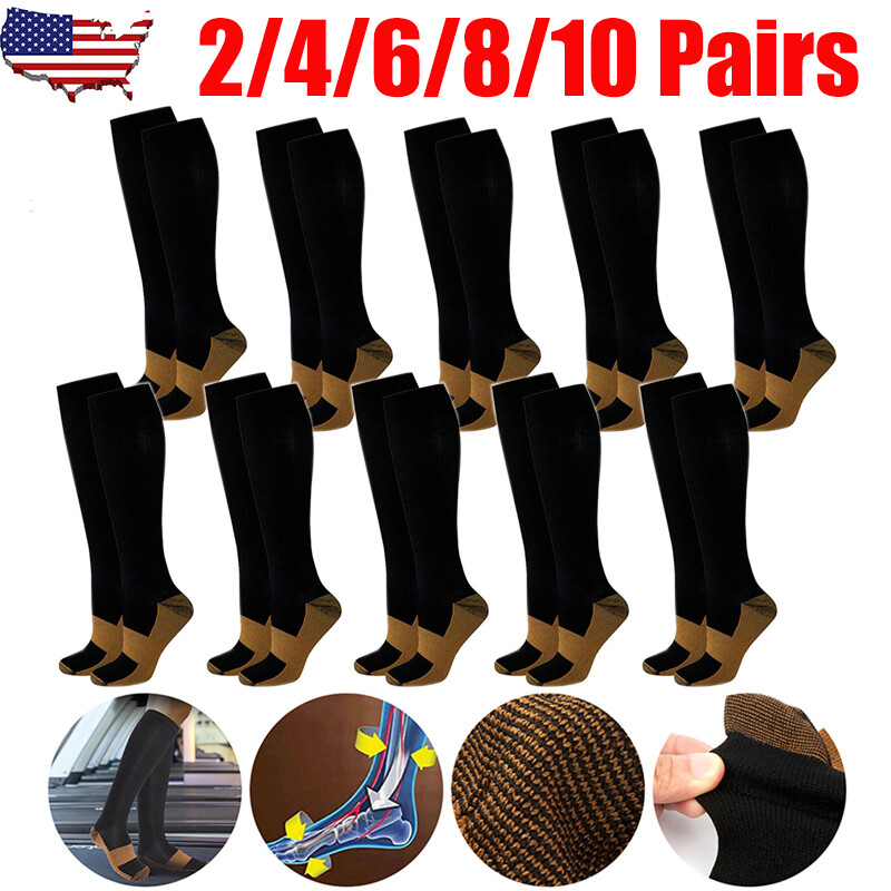 2-10 Pairs Copper Compression Socks 0-30mmHg Graduated Support Womens Mens S-XXL