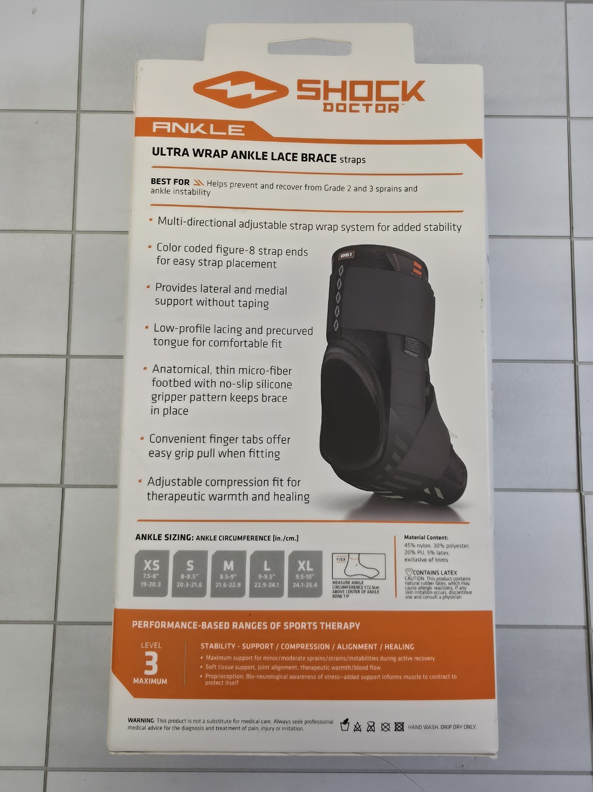 Shock Doctor Ultra Wrap Ankle lace Brace W/Strap, Level 3, Size Small 8”-8.5”