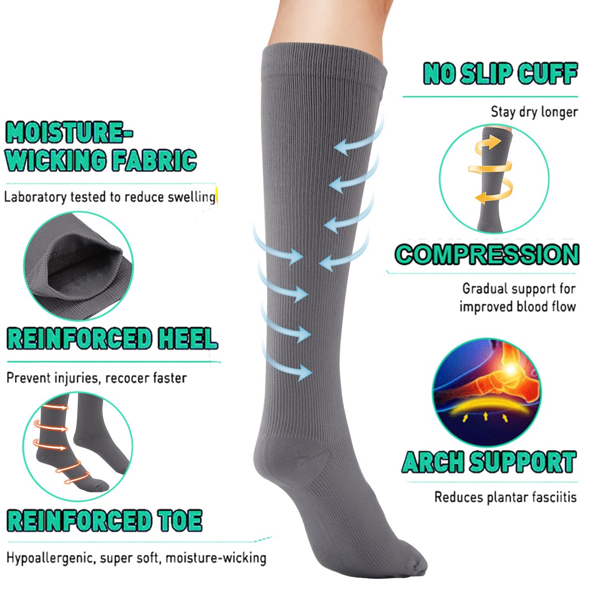 6-Pairs Copper Compression Socks 20-30mmHg Graduated Support Mens Womens S-XXL