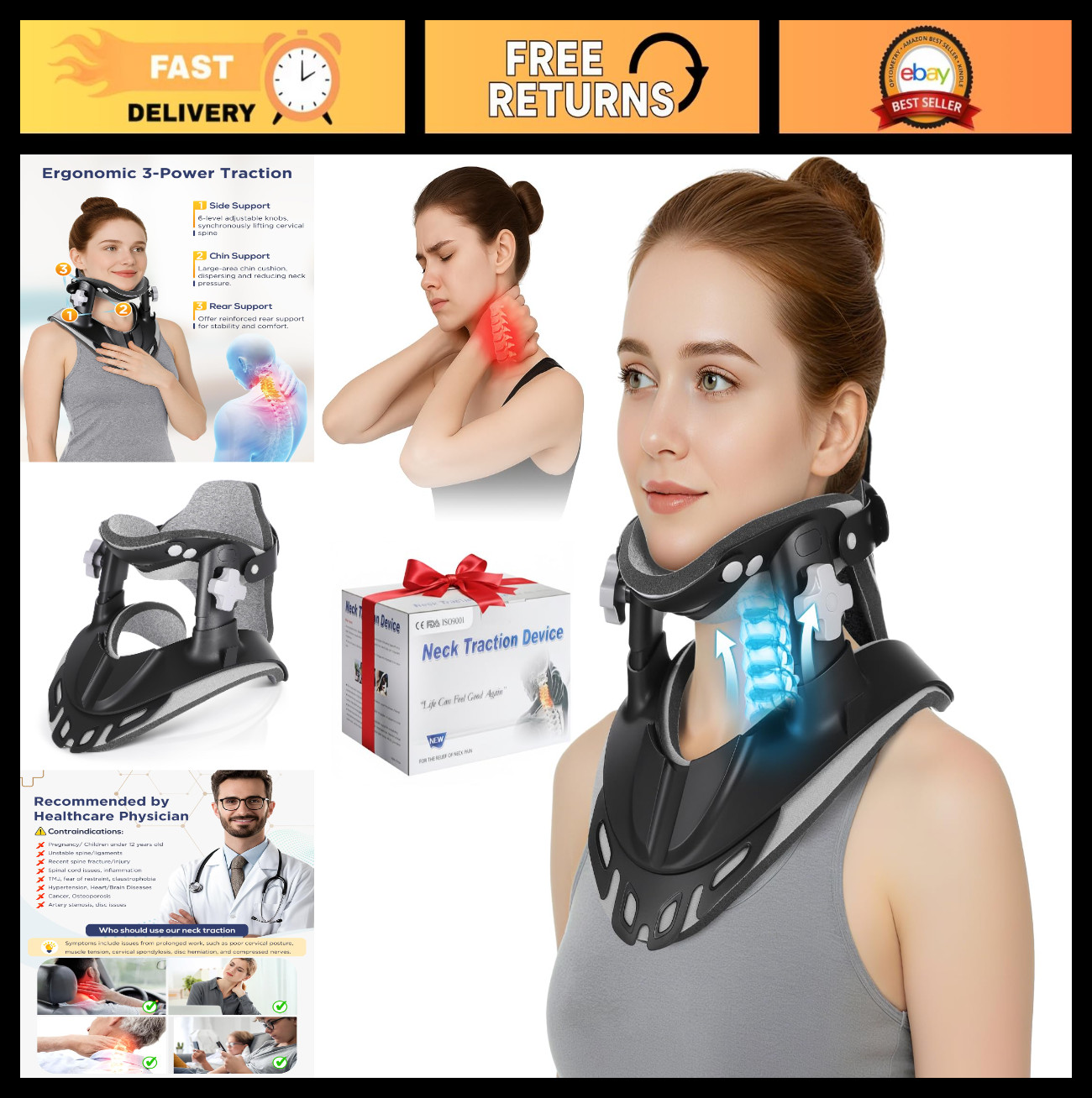 Adjustable Neck Traction Device for Pain Relief | Portable Cervical Stretcher, E