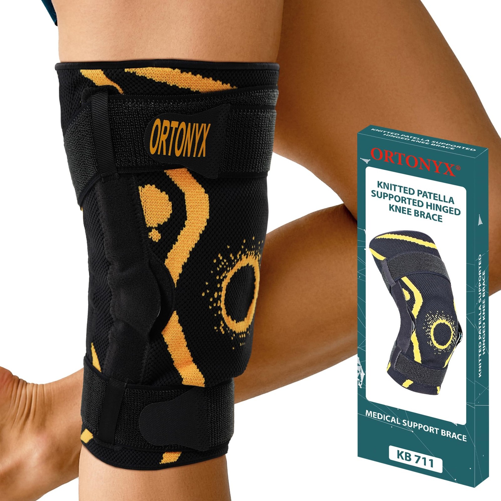 ORTONYX Hinged Knee Brace with Patella Ring & Fastening L, Black/Yellow