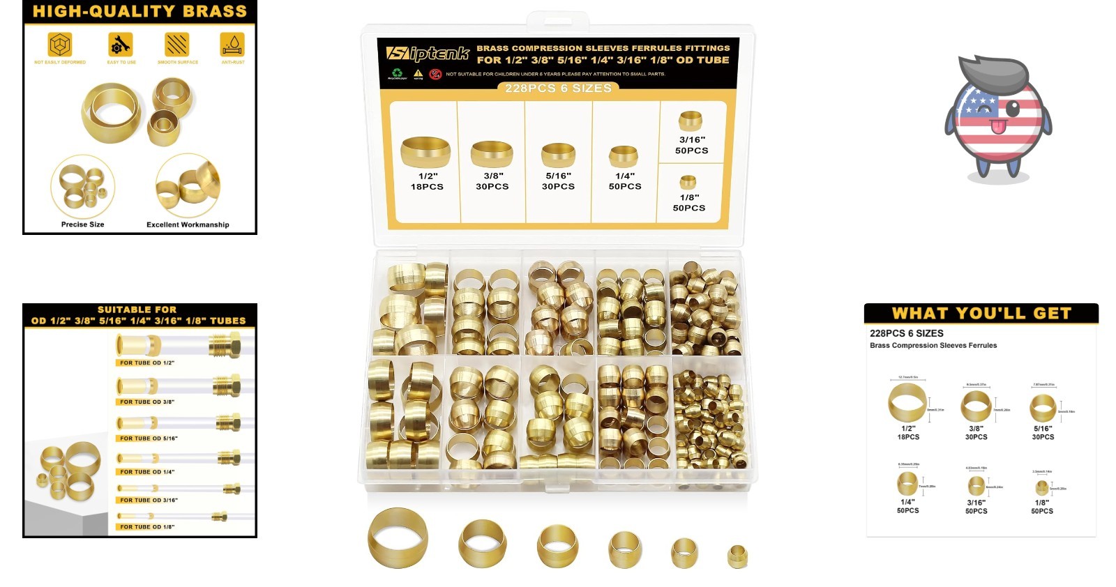228PCS Brass Compression Sleeves Ferrule Kit – 6 Sizes for Versatile Use