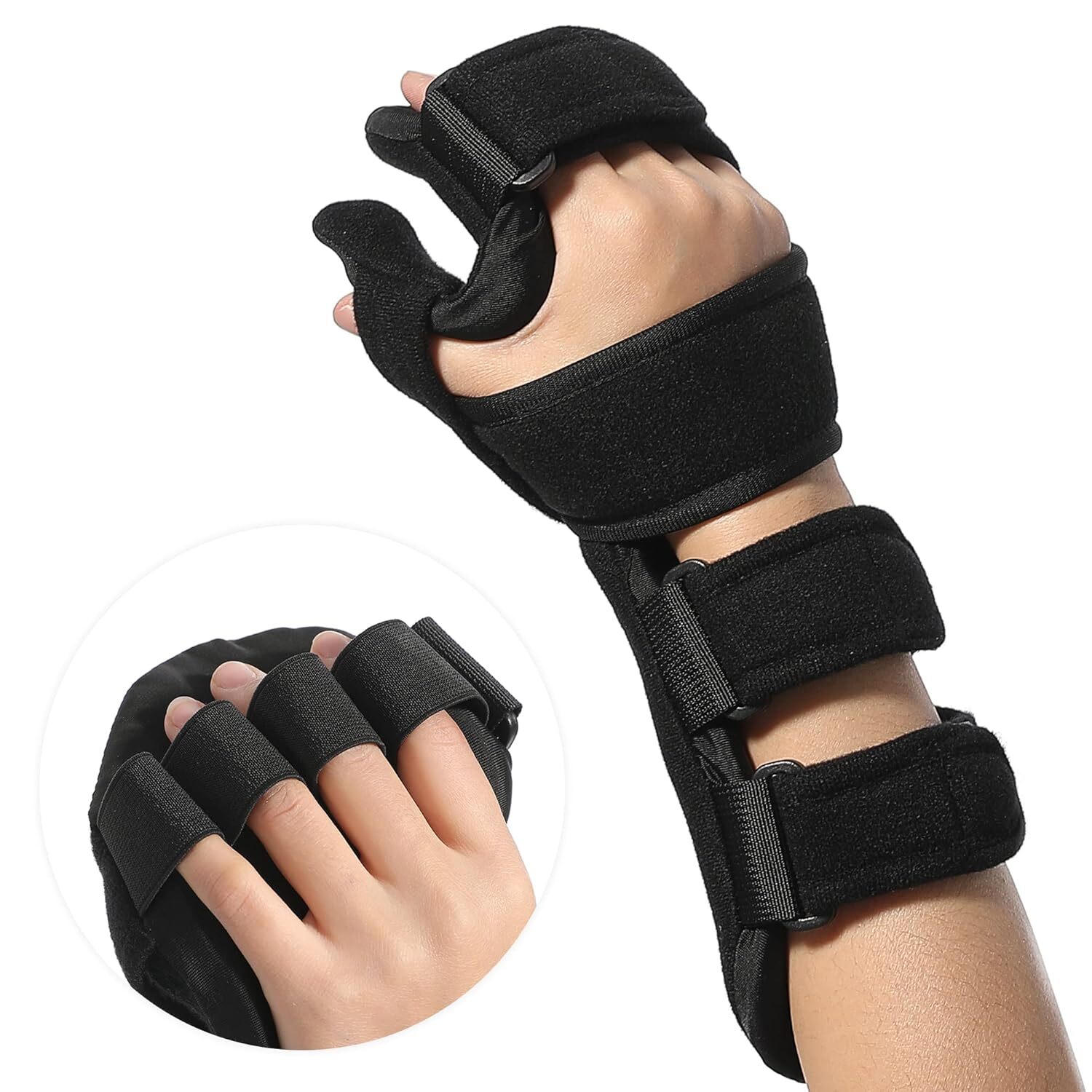 Stroke hand splint for night use, stabilizes fingers/wrist, aids rehab and pain.