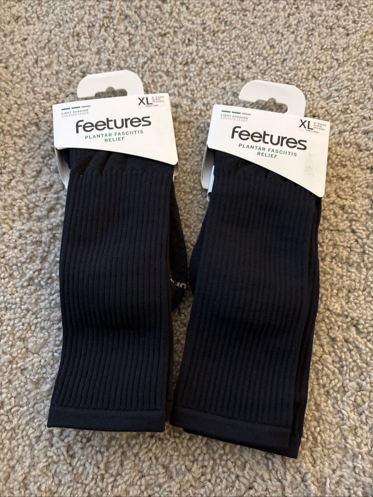 Feetures Plantar Fasciitis Relief Light Cushion Crew Sock XL 2 Pairs NEW!