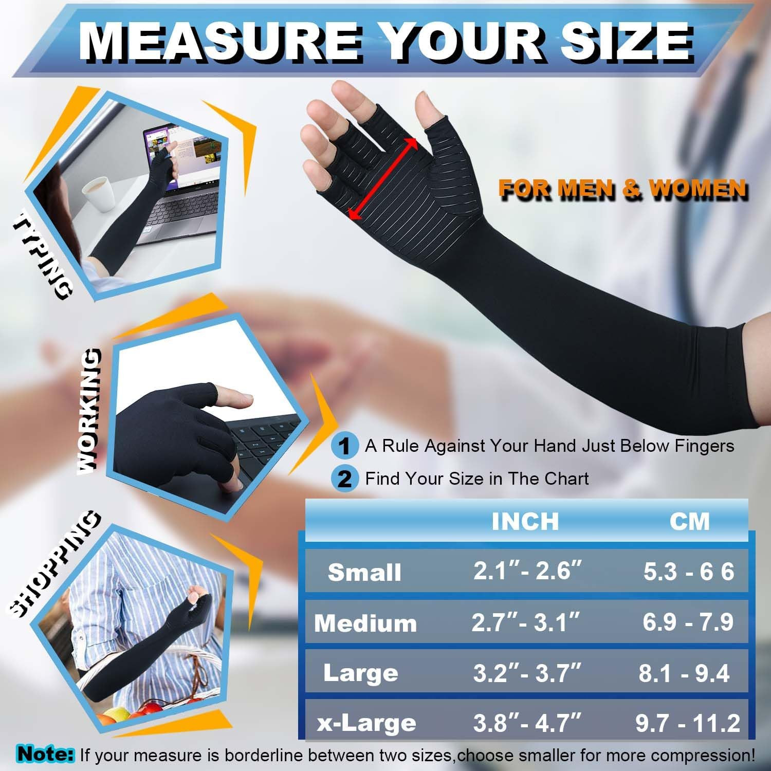 Copper Compression Arthritis Gloves Fingerless Wrist Arm Sleeve Medium 1 Pair
