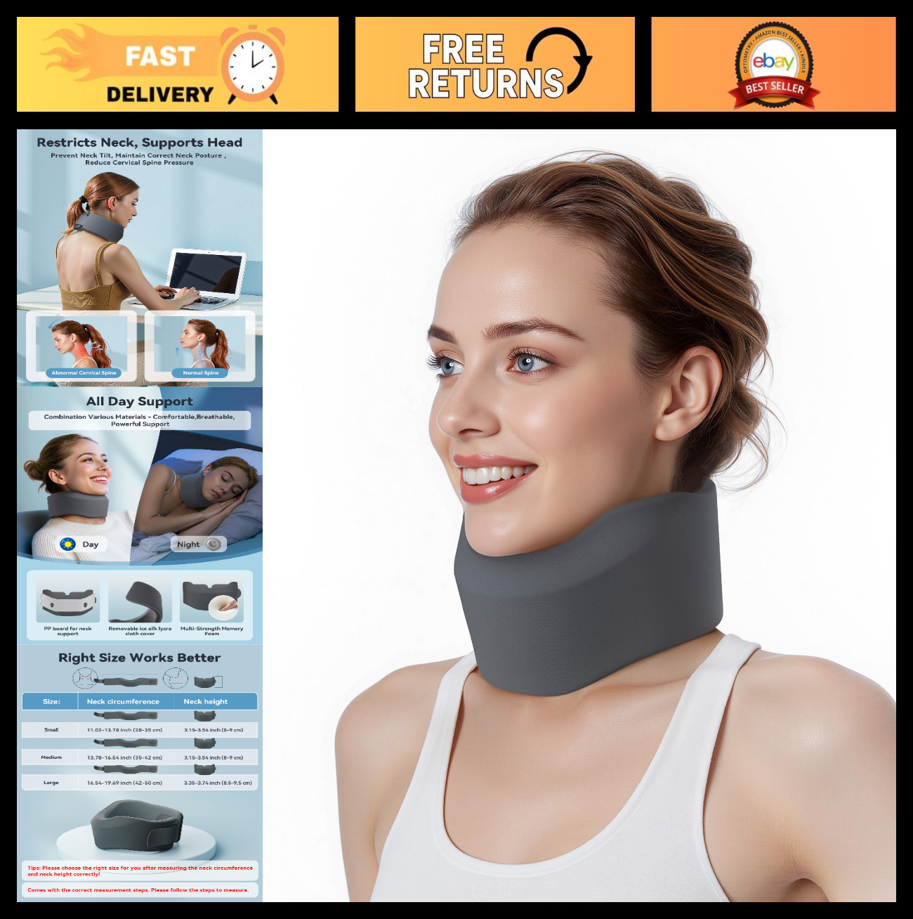 Neck Brace for Sleeping – Soft Cervical Collar for Neck Pain Relief & Support, S