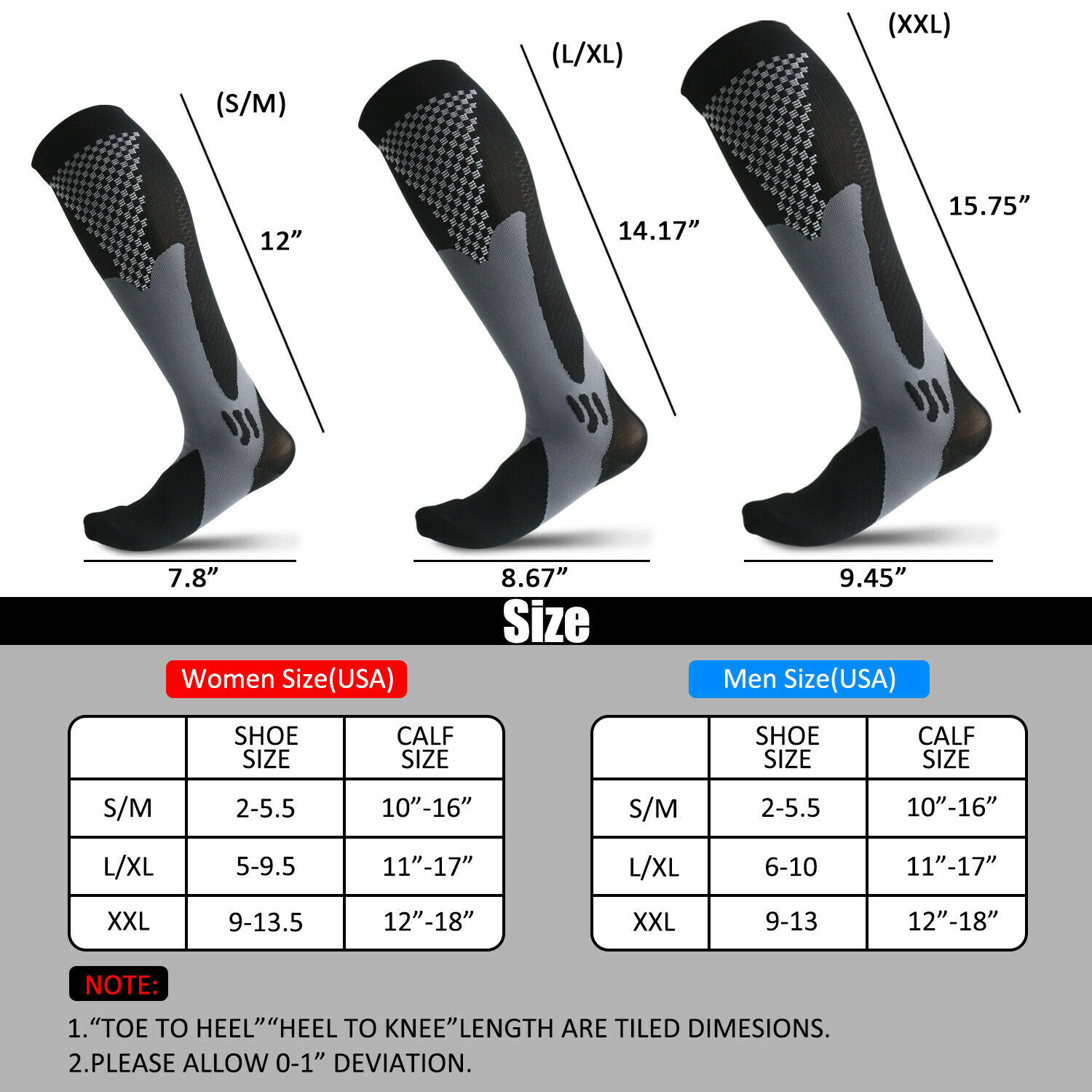 5 Pairs 30-40 mmHg Compression Socks – Knee High Support for Running & Sports