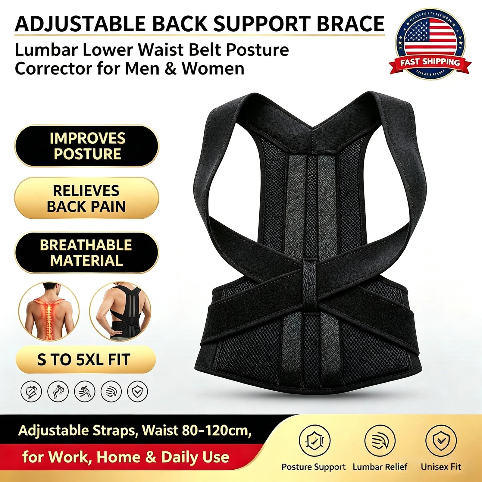 Adjustable Posture Corrector Low Back Support Shoulder Brace Belt for Men Women