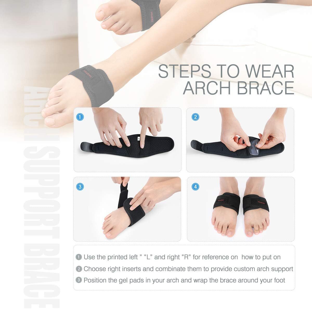 Tikaton Arch Support Brace 12 PCS Adjust Plantar Fasciitis Cushions Pain Relief