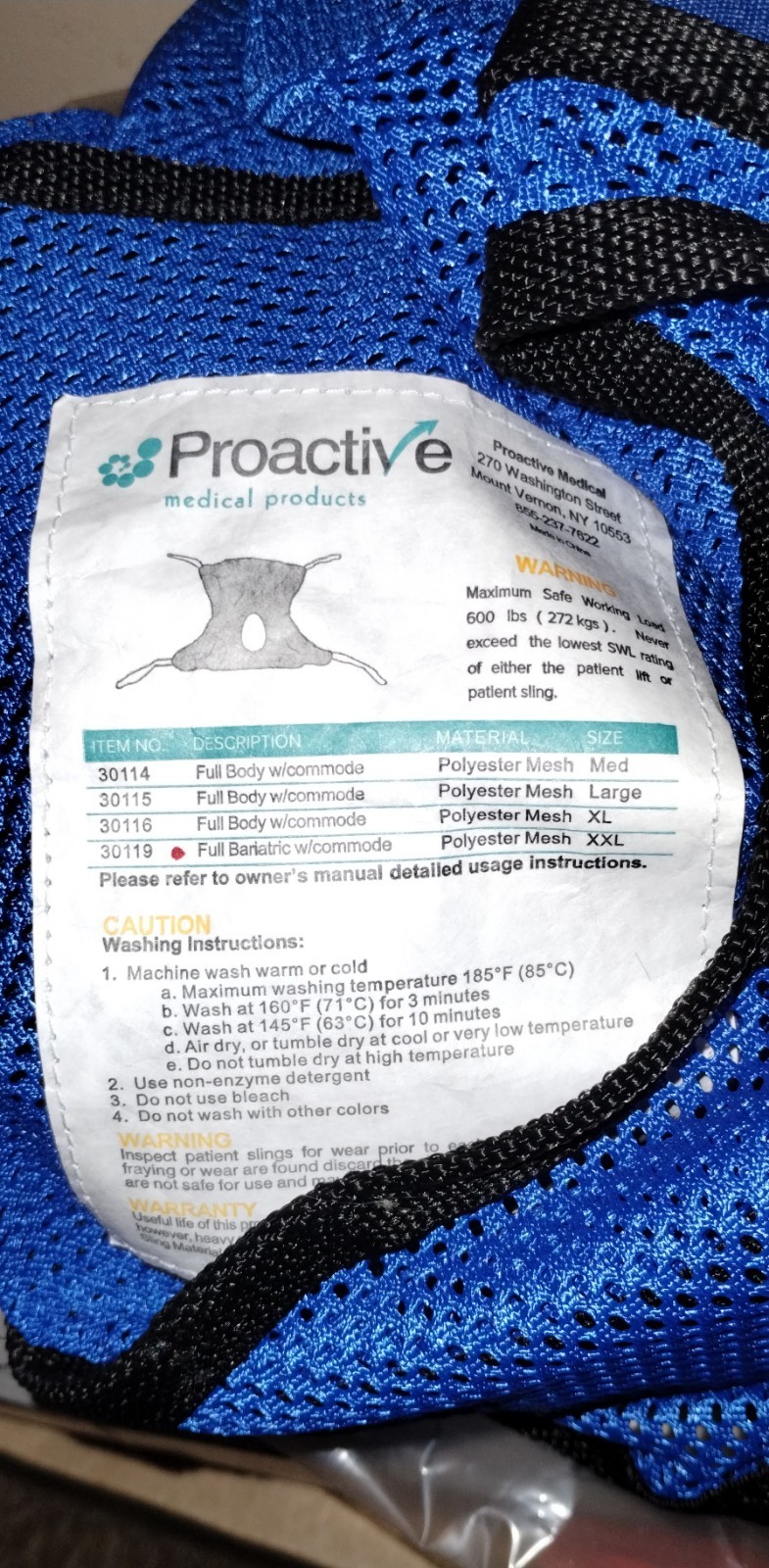 Proactive Full Body Mesh Sling w/ Commode Opening Patient Lift 600 lb Capacity