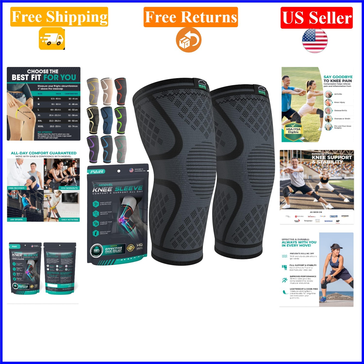 2-Pack Black Knee Brace Compression Sleeves for Men & Women, Medium