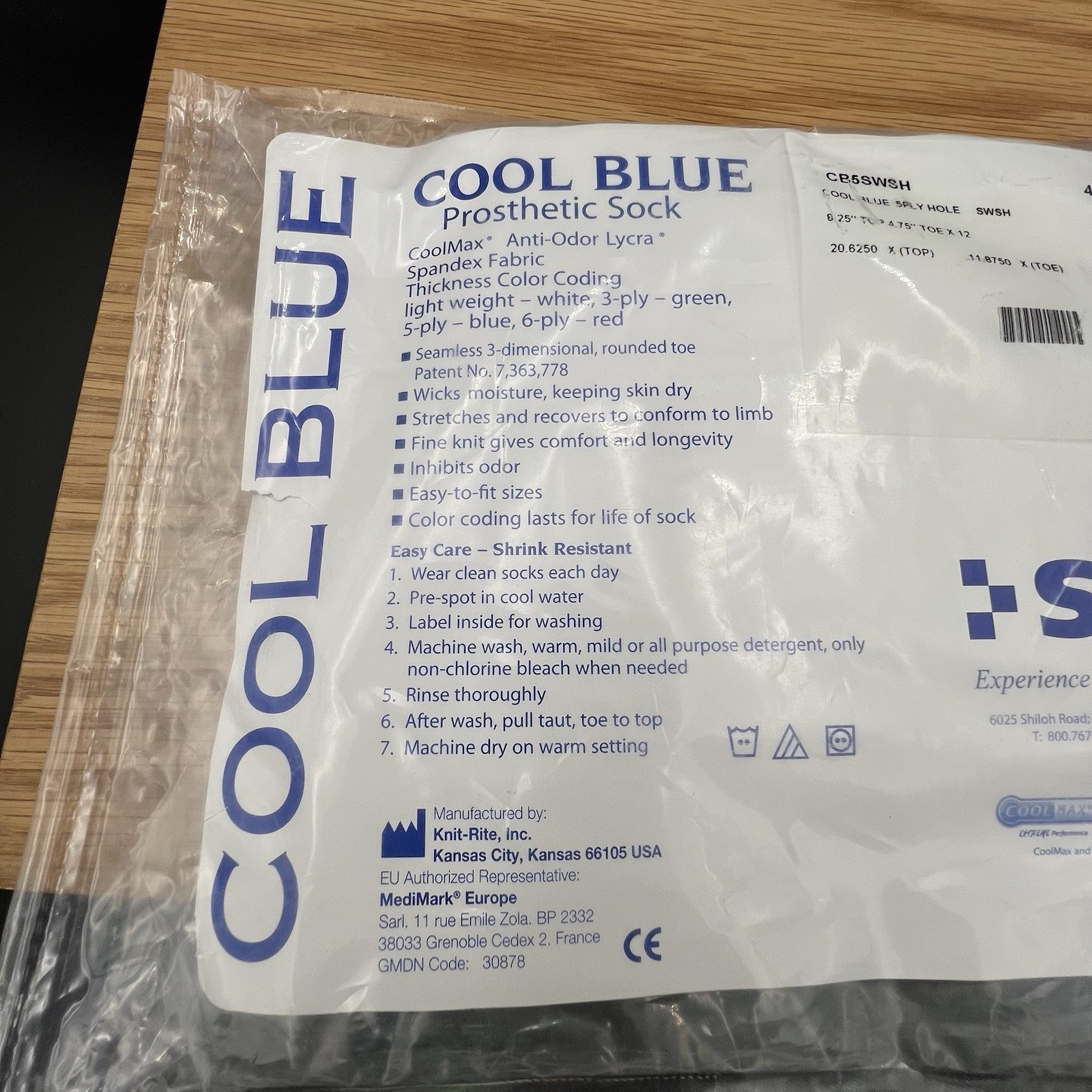 New Cool Blue Prosthetic Sock CB5SWSH 5-Ply Sewn Hole Wide Short 30cm
