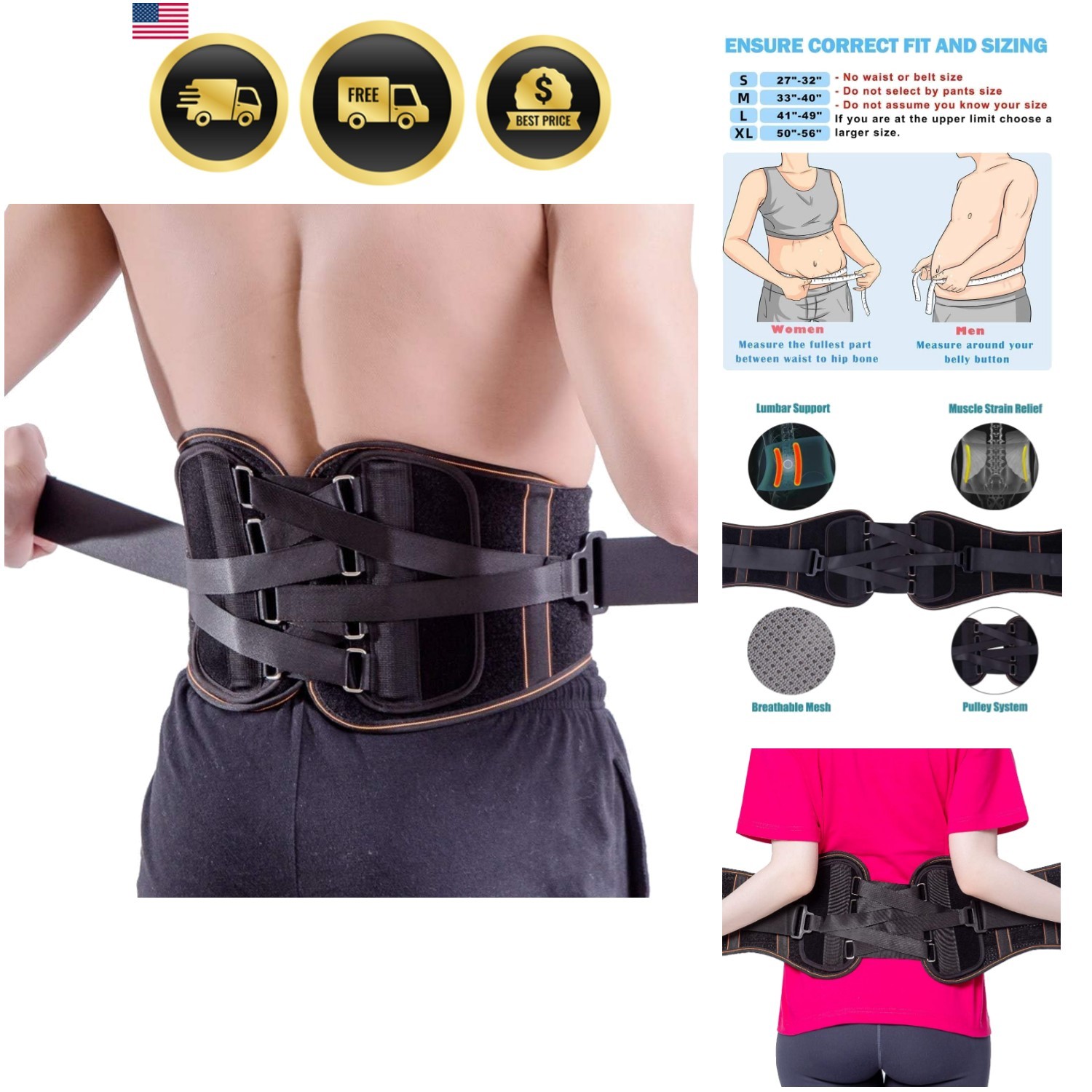 Lower Back Brace Pain Relief with Pulley System – Lumbar Support Belt for Wom…