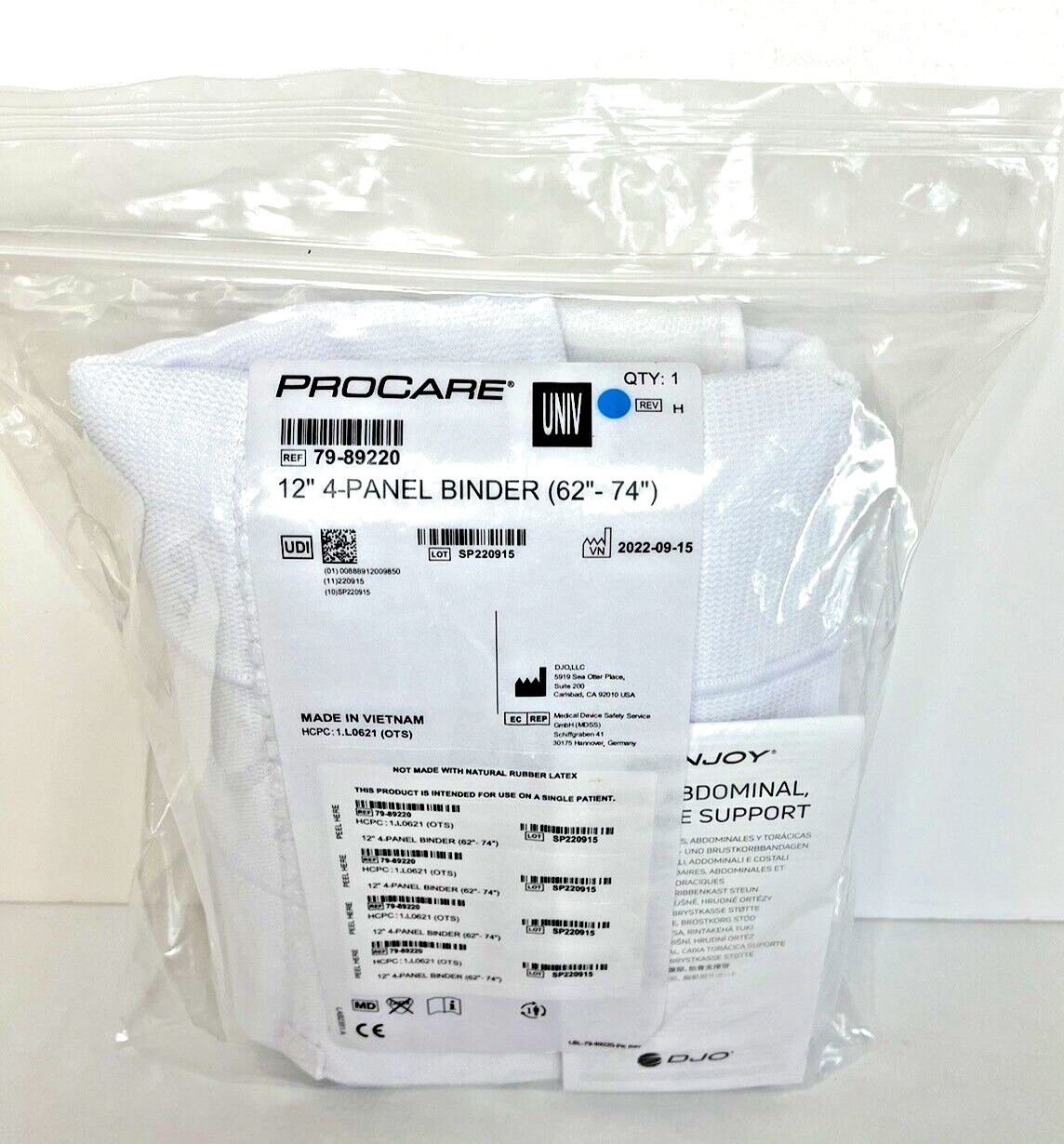 Back Abdominal Rib Cage Support 4 Panel Binder 62” – 74” XL White Donjoy Procare