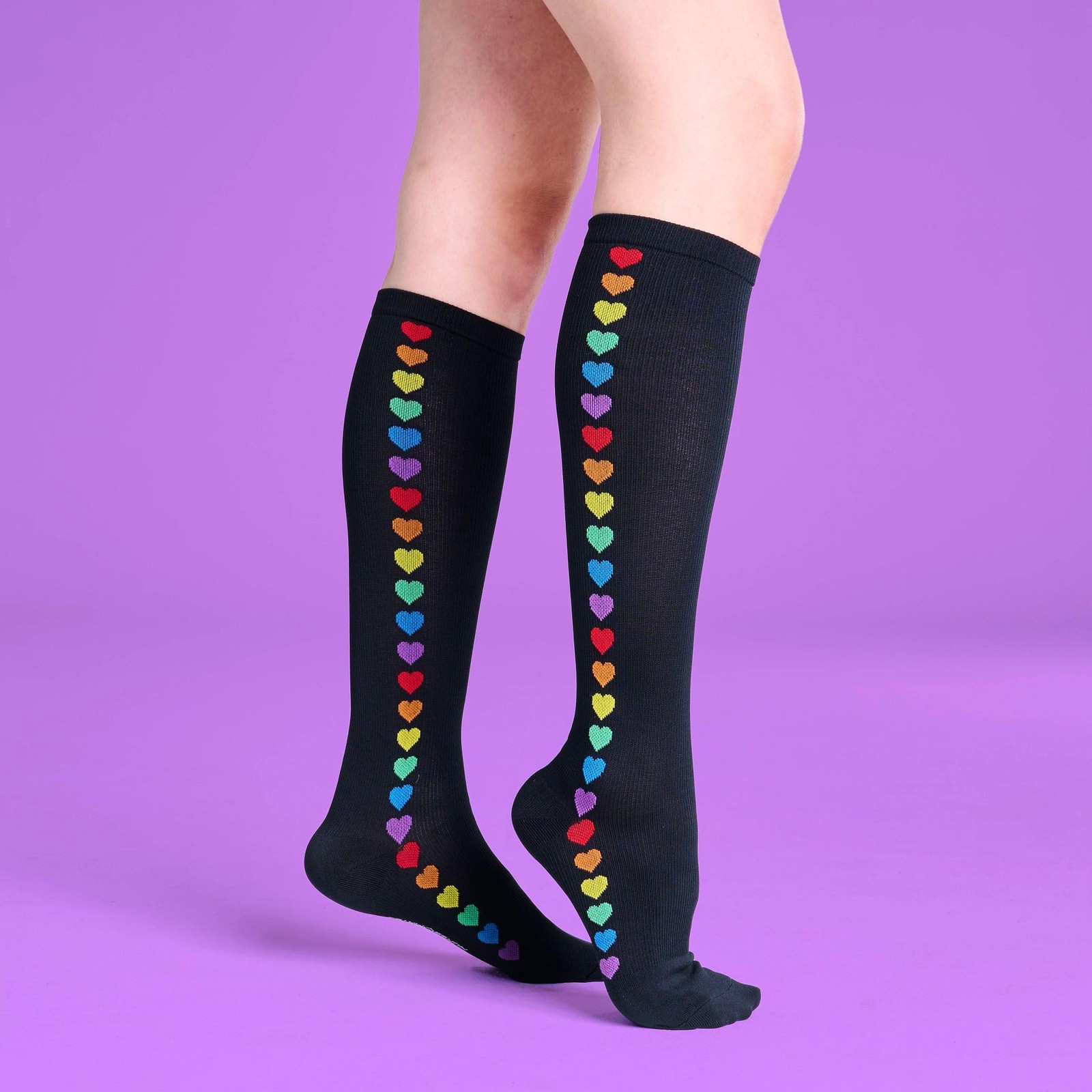 Nurse Mates Women’s Wide Calf Socks | 12-14 mmHg One Size, Rainbow Hearts