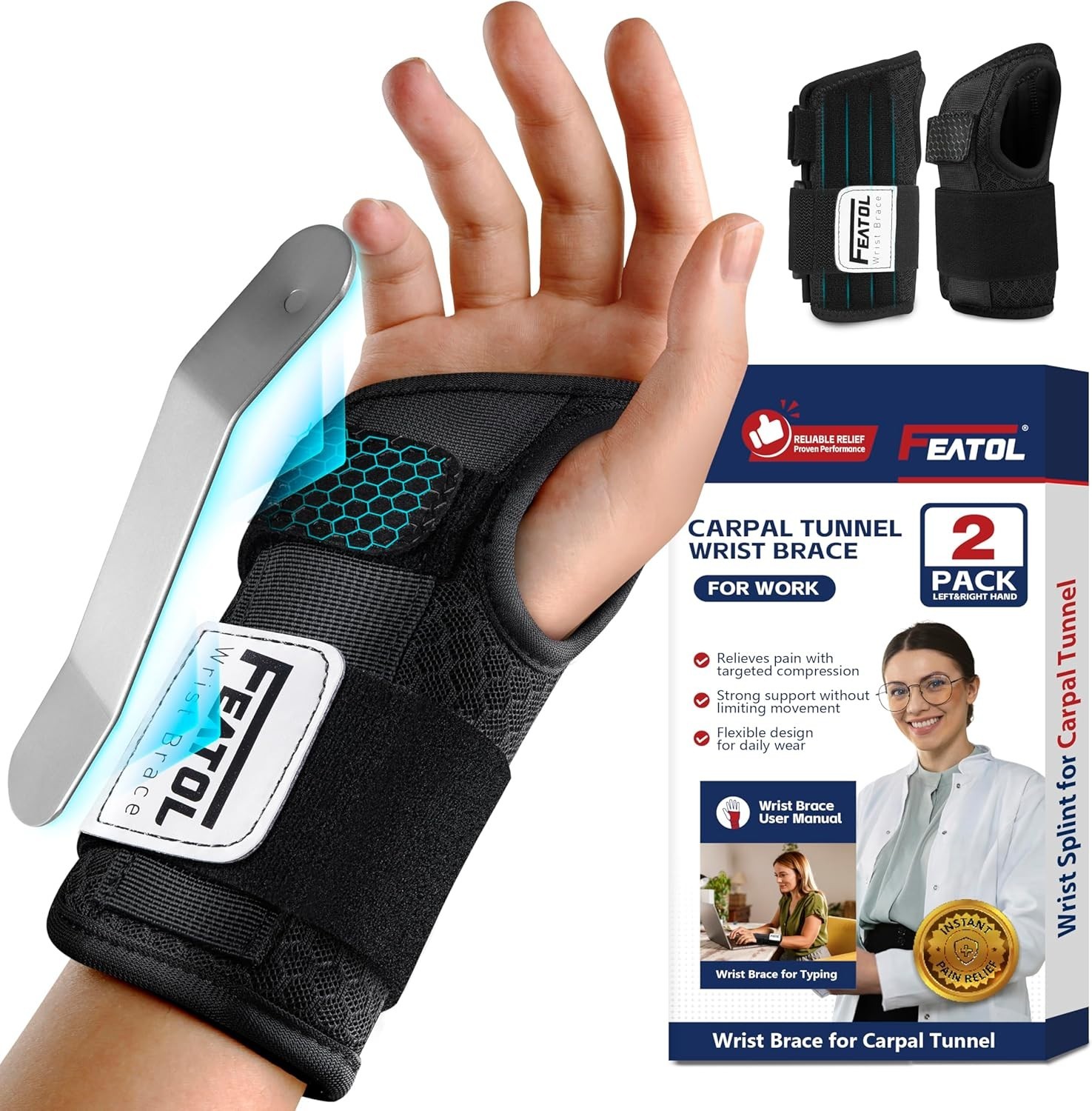 2 Pack Carpal Tunnel Wrist Brace For Work With Wrist Splint, 6.5” Wrist Brac…