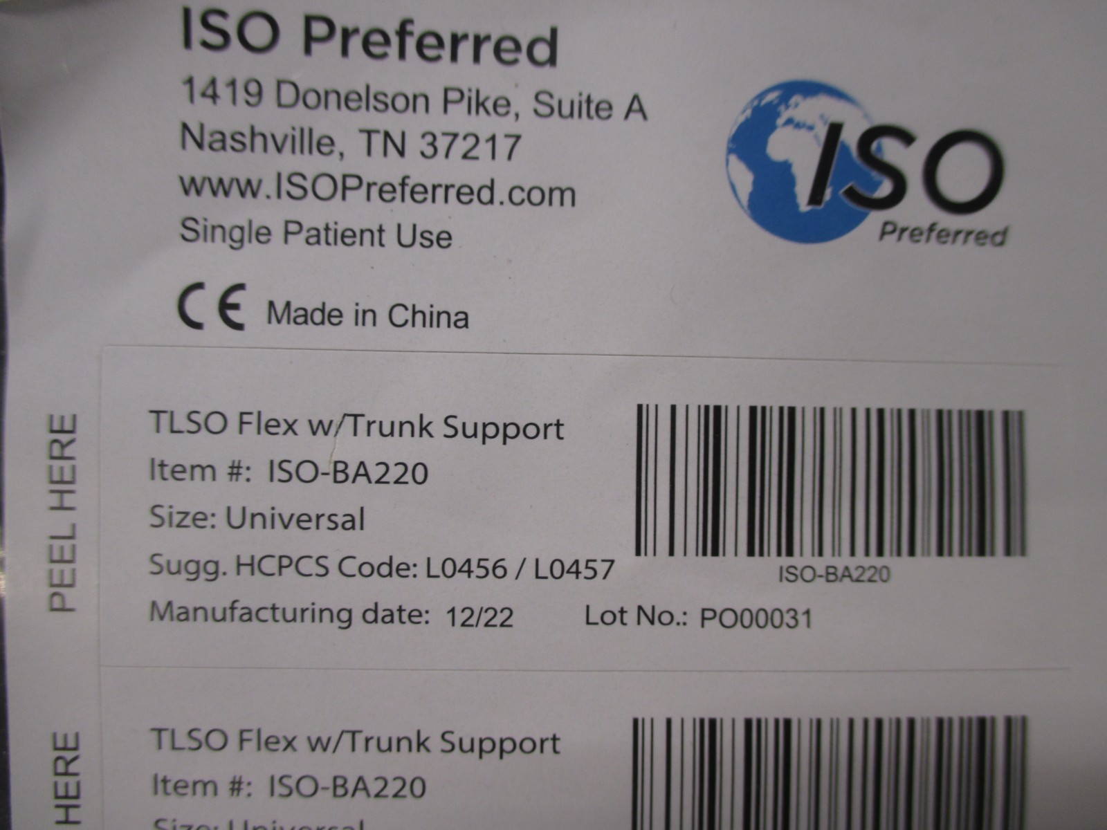ISO Preferred TLSO Flex Trunk Support Back Brace BA220 Universal Size S – 2XL