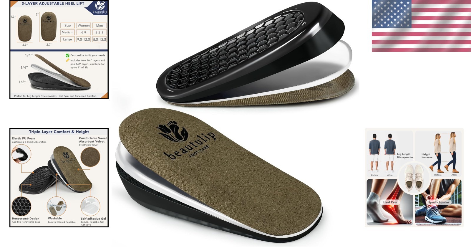 Adjustable Gel Heel Lifts (1 Pair), 1″ Height Increase Insoles with High-Density