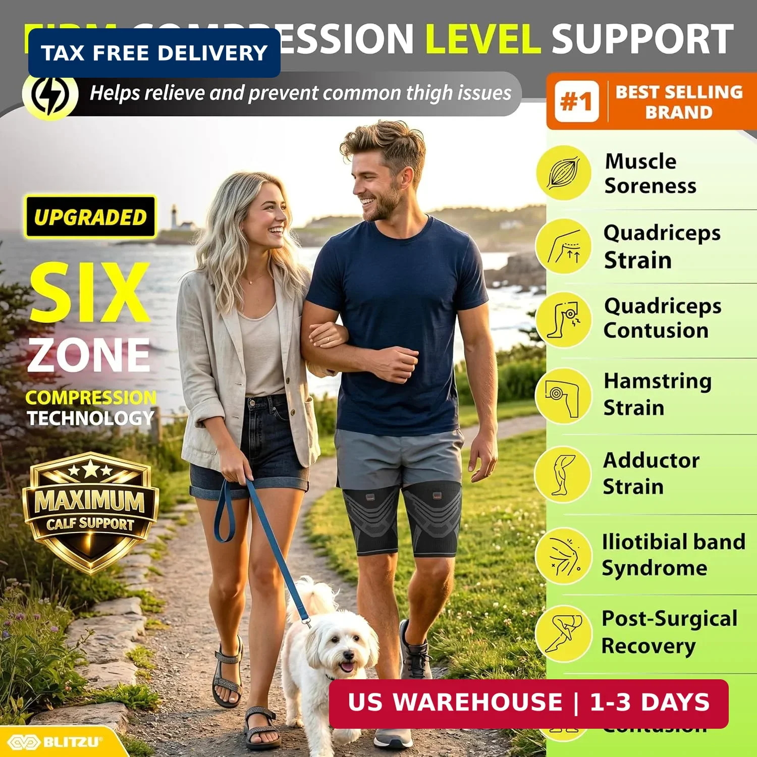 BLITZU Hamstring Compression Sleeve 1 Pair, Upper Leg Sleeves, Thigh, Quad & Gro