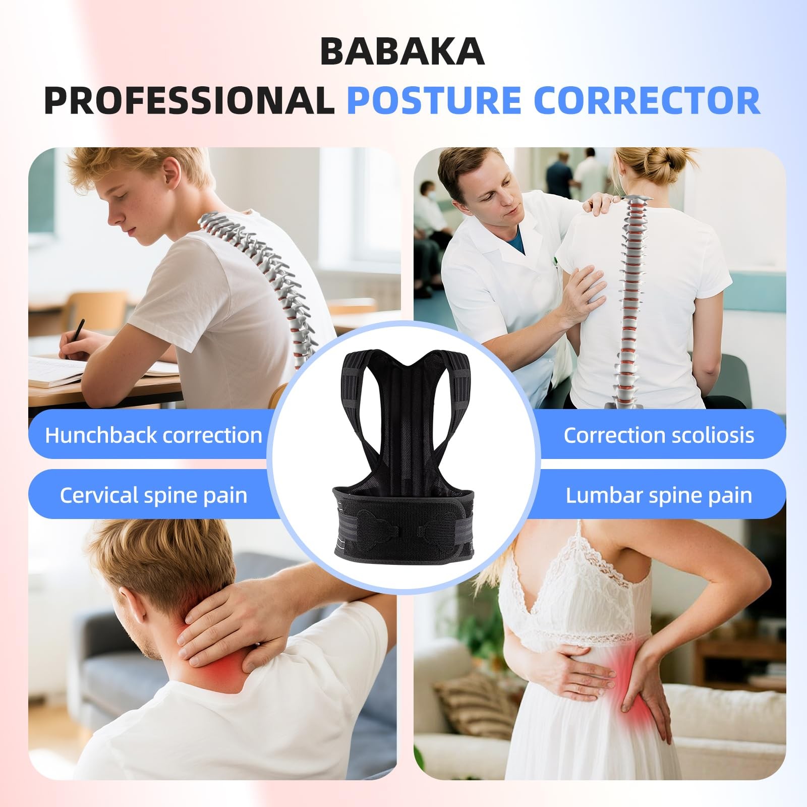 babaka Posture Corrector for Women and Men, Adjustable Full Back Small, Black