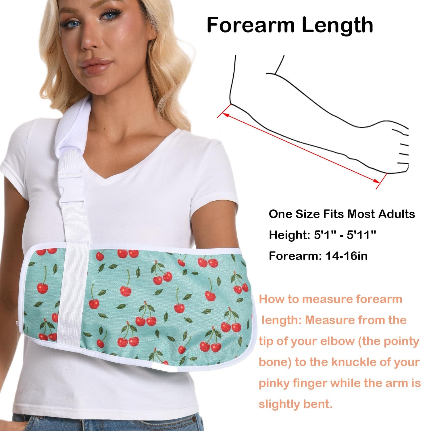 One Size Green Cherry Print Arm Sling Adjustable Breathable Broken Arm Brace