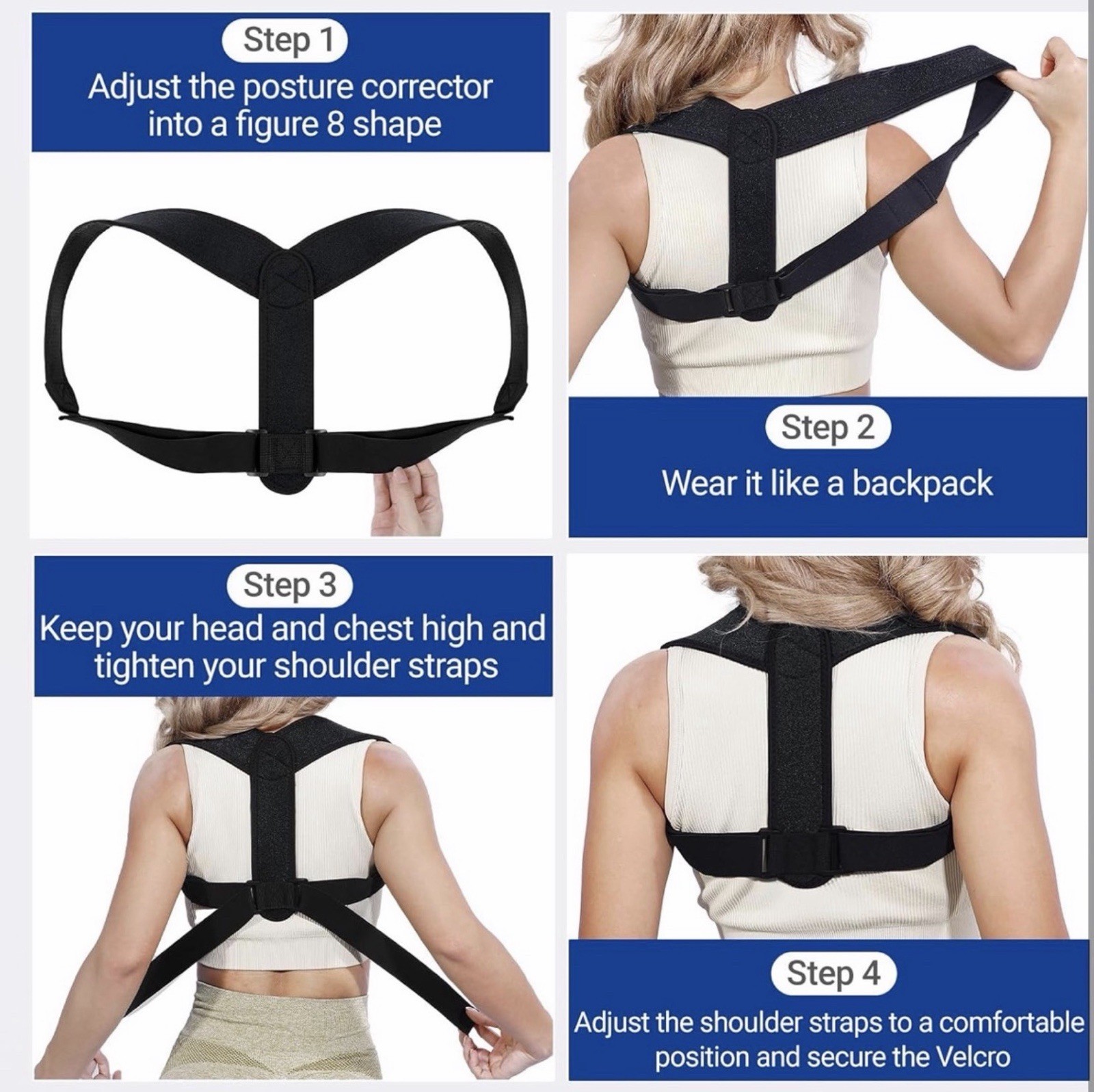 Posture Corrector Women Men Black Adjustable Upper Back Brace + Spine Support