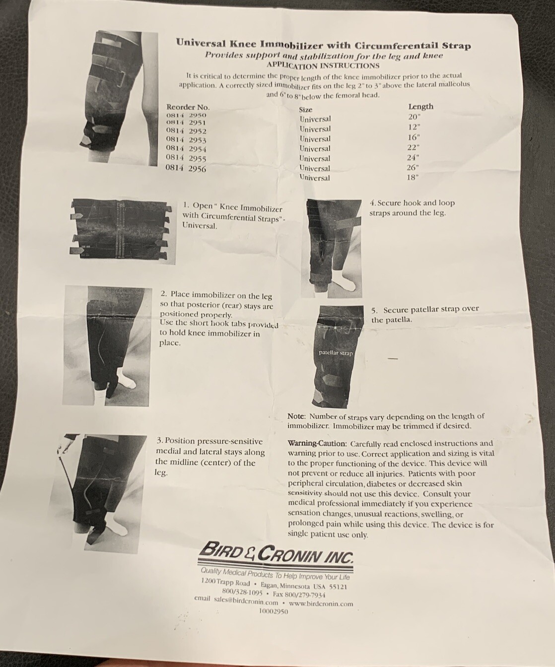 Bird & Cronin Comfort 18” Knee Immobilizer Universal Right or Left Leg