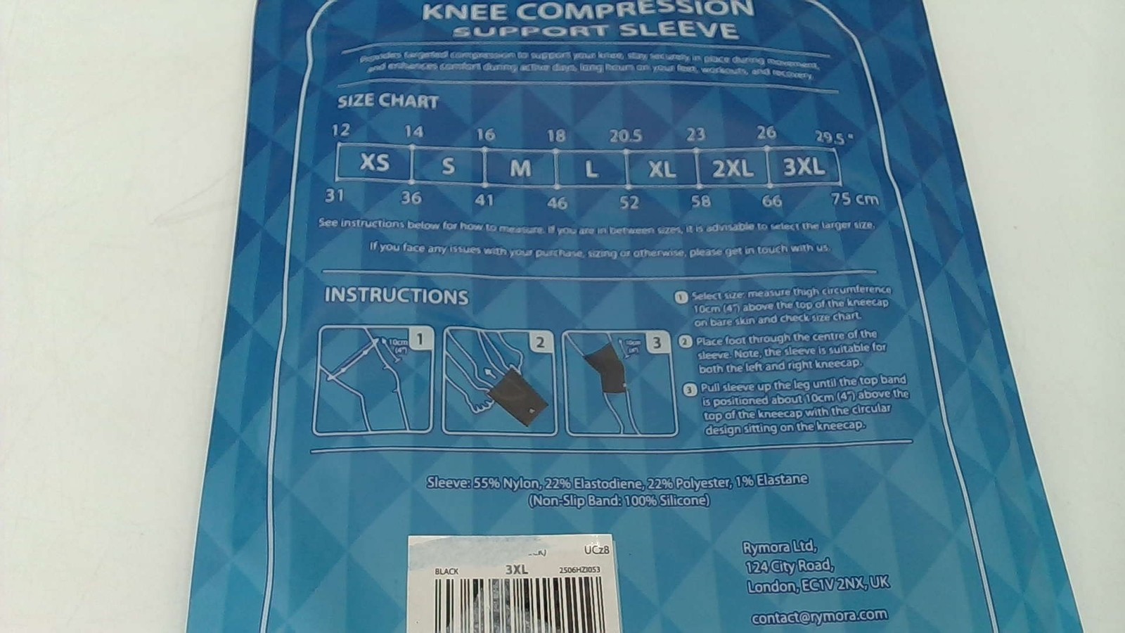 Rymora Knee Compression Support Sleeve (Black) Sz 3XL