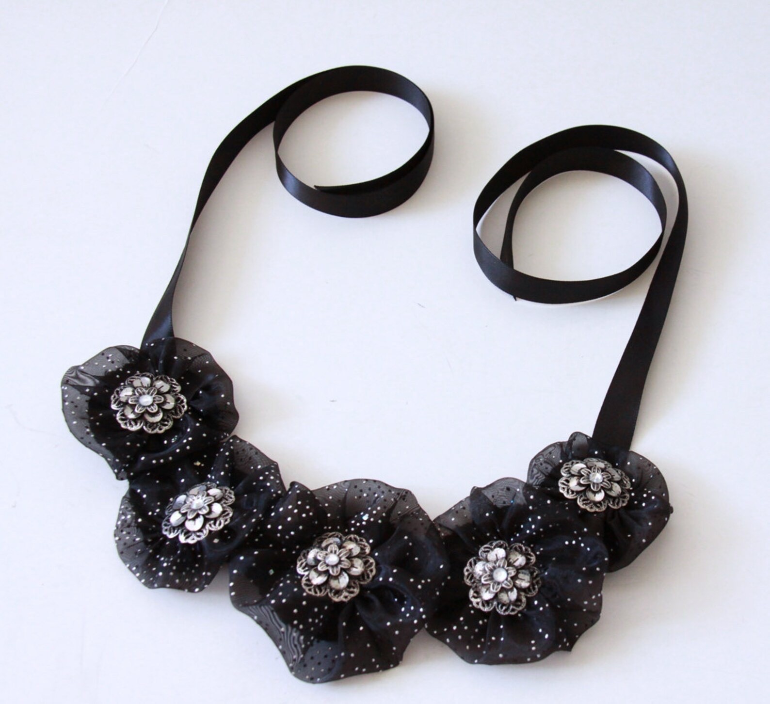 Handmade necklace with elegant black organza with silver tiny dots