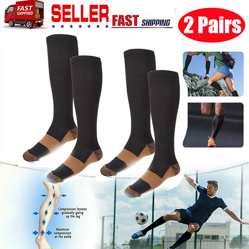 2Pairs Copper Compression 20-30mmHg Graduated Support Socks Mens Womens S-XXL