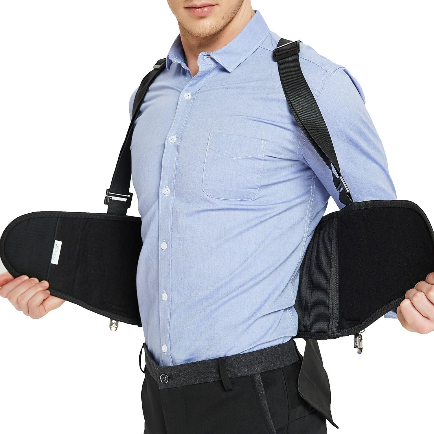 Soporte lumbar con clips para pantalones extraíbles y tirantes desmontables