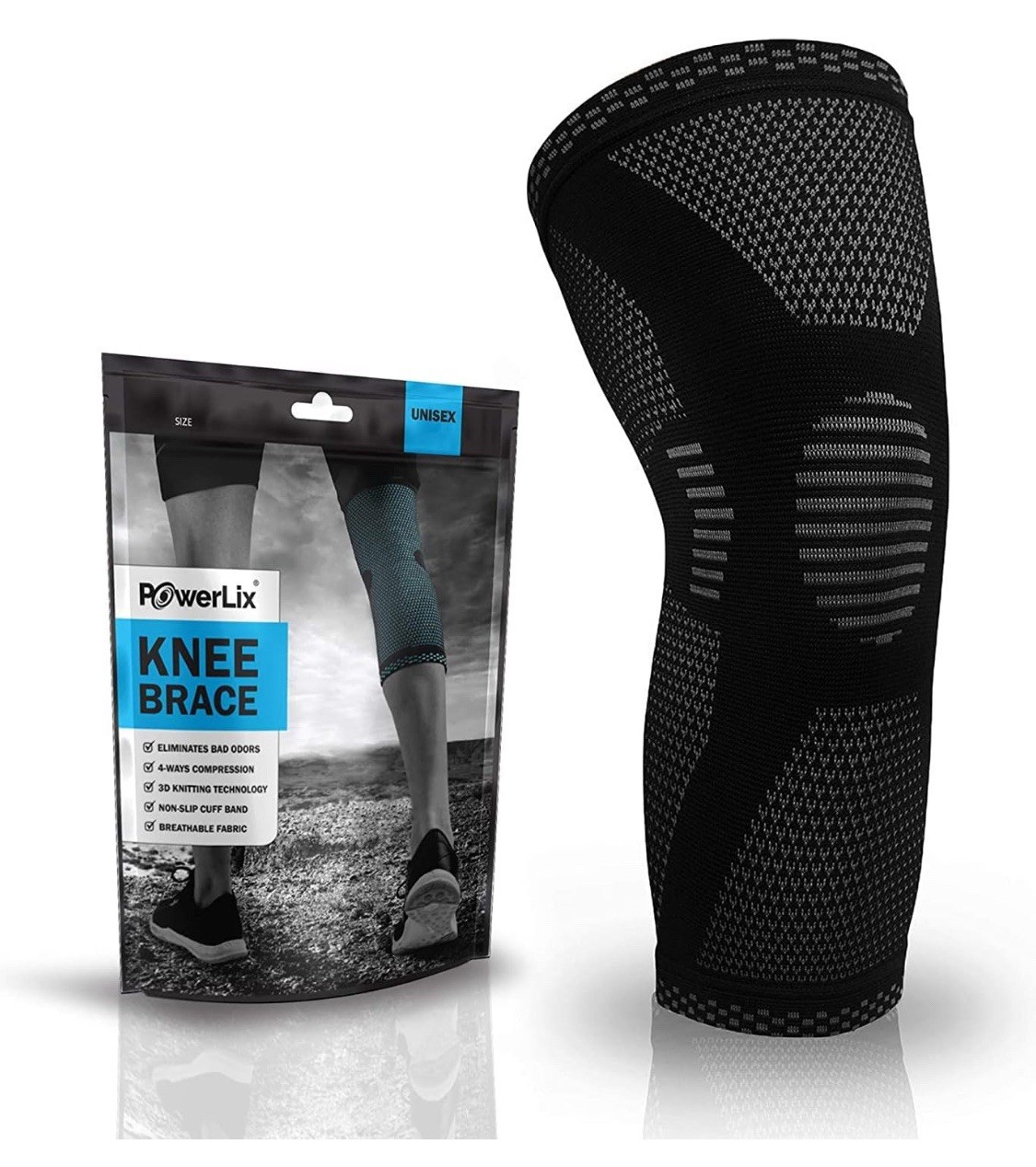 Two Pack POWERLIX Knee Compression Sleeve – Knee Brace for Men & Women – BLACK M
