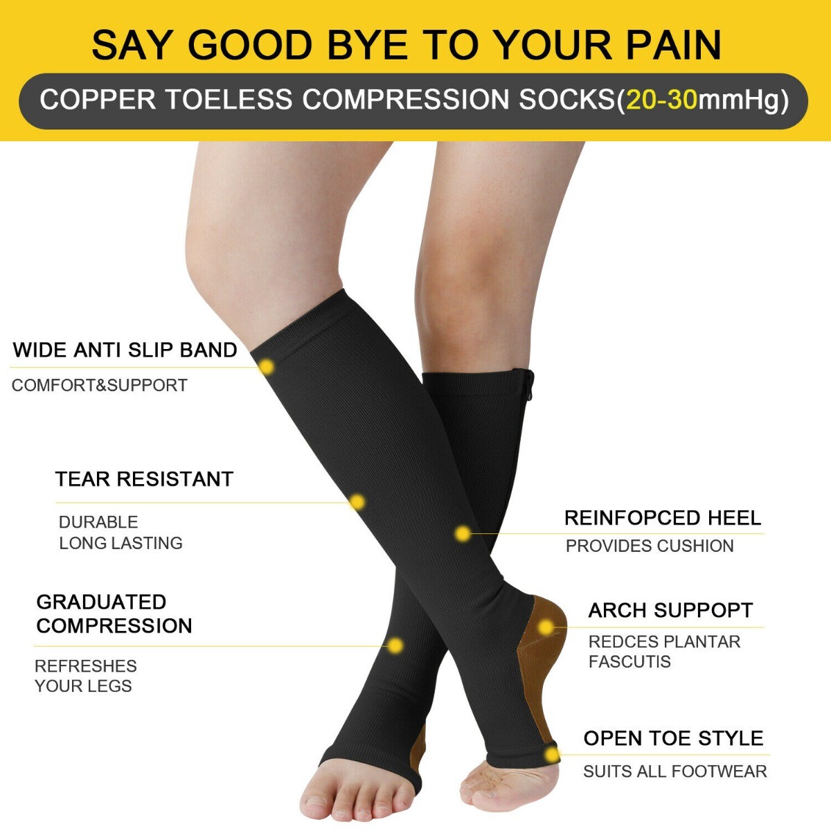 Zipper Compression Calf Leg Shin Support Socks BIG TALL Open Toe 15-20 mmHg US