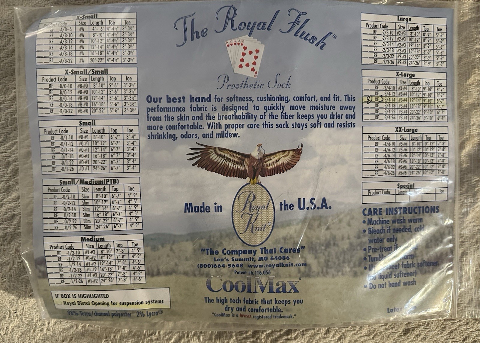 Royal Flush White Prosthetic Sock LX-Length 12”-14”, Top 9”-10”, Toe 6”-7”. RF3